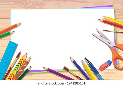 Vector drawing table. The space on the table is all for creativity and hobbies. The concept of a lesson at school in fine arts or labor. Background and elements for craft decoration design 