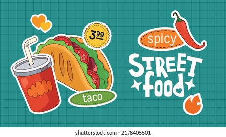 Taco de dibujo vectorial en colores brillantes sobre un fondo claro. Bloque de texto con pegatina en estilo retro. Dibujos a mano libre en el fondo.