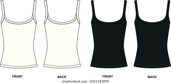 Vector drawing of tank top with straps front and back view. Women's t-shirt template in white and black colors. Sketch of a jersey sports shirt, vector.