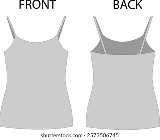 Vector drawing of a tank top with straps and a crew neck, front and back views. Women's T-shirt template. Jersey sports shirt sketch. Vector mockup, fashion illustration, CAD mockup, technical drawing