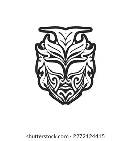Dibujo vectorial de un tatuaje con una máscara polinesia en blanco y negro