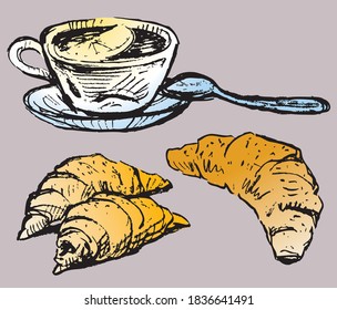 Vector drawing of tea cup with lemon and croissants