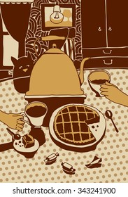 Vector Drawing Tea Party With Cat And Pie For Linocut