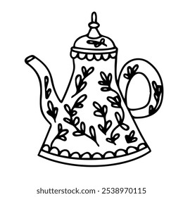 desenho vetorial de uma chaleira. Cafeteira com ornamento. Desenhos animados. Elemento para design de embalagens, cartões, padrões, têxteis