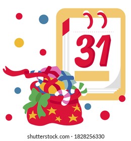 Vector drawing of a tear-off calendar with number 31 and a bag with gifts on a white isolated background. New Year mood. Printing, design of cards, invitations