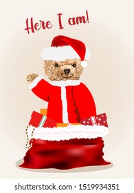 Vector drawing of a teddy bear from a gift. Bear - Santa Claus.