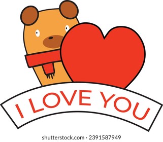 Vector drawing of a teddy bear and a heart. Sticker on the theme I love you, print for clothes.