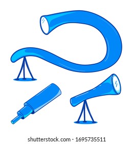 Vector drawing of a telescope, set a device for studying stars in space on a white isolated background. Flat, element, color.