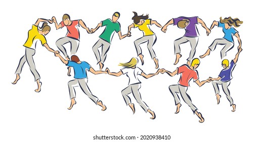 vector drawing of ten young people dancing in sircle holding by hands