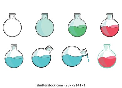 Vector drawing of test tubes, flasks for chemical experiments. A flask for alchemy, magic drinks. A set of flasks fantasy for the design of magical rituals. Potion bottles
