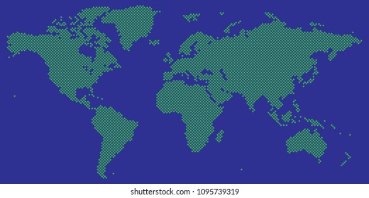 Vector drawing of Tetragon world map vector green on blue