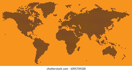 Vector drawing of Tetragon world map vector black on orange