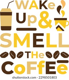 Vector drawing and vector text, a cup of coffee on a transparent background. Drawing for a poster, banner, card, flyer on the theme of coffee. Coffee design.