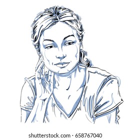 Vector drawing of thinking woman with stylish haircut. Black and white portrait of attractive peaceful and calm lady, model posing.