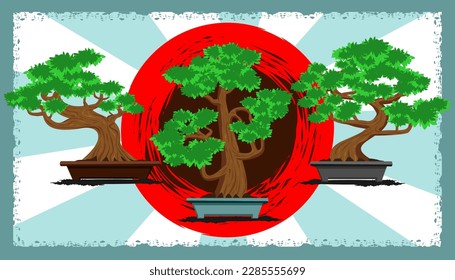 Vector drawing of three bonsai trees and with the flag of japan in the background, art, illustration.