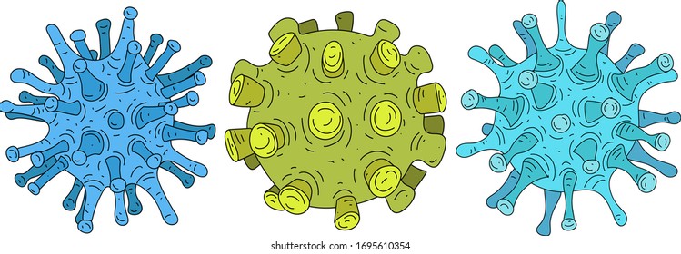 Vector drawing of three different viruses in different colors on a white background.