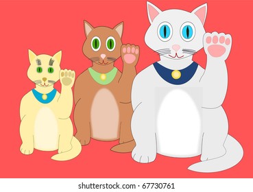 Vector drawing of three Good Luck cats in gray, brown and yellow, of different sizes and colors, on red, to bring a new business good luck.
