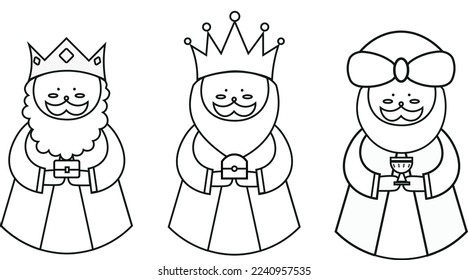 Dibujo vectorial de los Tres Reyes (también conocidos como los sabios o magos). Con regalos para el niño Jesús. Dibujos de línea para colorear	