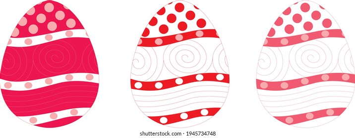 Vector drawing of three pink white red Easter eggs.