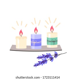 Vector drawing of three scented candles on a stand. Flat illustration on a white background isolated.
