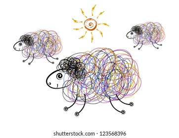 Vector drawing of three sheeps on white background.