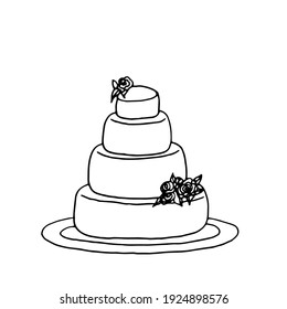 Vector Drawing Of A Three Story Cake In A Minimalistic Style On A Large Flat Platter. Doodle Sketch Of An Elegant Wedding Cake