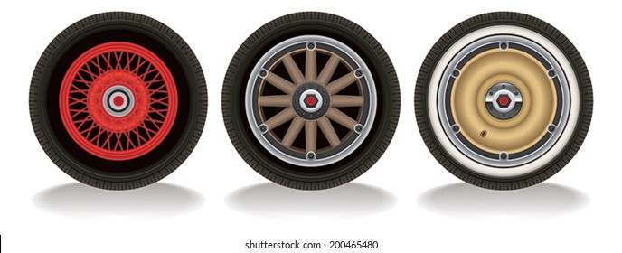 Vector drawing of three styles of vintage automotive wheels.