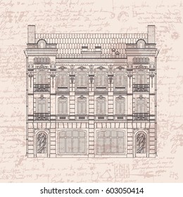 vector drawing of a three-story historic building in the Baroque style on the background of the manuscript