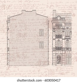 vector drawing of a three-story historic building in the Baroque style front and side on the background of the manuscript