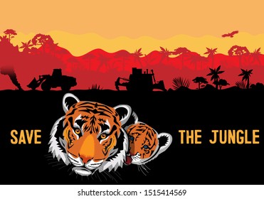 Vector drawing of a tiger and a tiger cub. Poster dedicated to the protection of animals and nature.