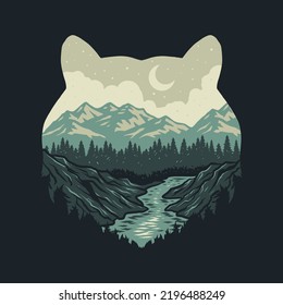 Vector drawing of tiger forest landscape, hand drawn line style with digital color
