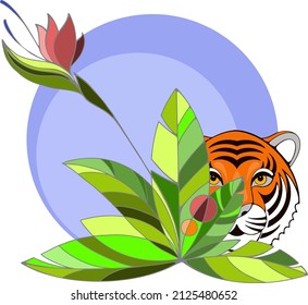 vector drawing of a tiger's head in a circle among flowers and leaves