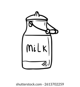 Vektorgrafik einer Zinnmilchflasche im Doodle-Stil. Milchkanister, ein biologisches Naturprodukt. Ein Emblem für einen Bauernhof, ein Lebensmittelgeschäft.