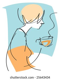 Vector drawing of a tired looking woman drinking her morning wake-up cup of coffee.