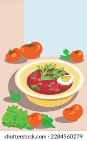 Vector drawing of tomato soup. Deep plate with tomato soup, herbs, tomatoes, cut egg in soft pastel colors. the ability to change the background to white.