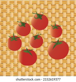 Vector drawing of tomatoes on the background of a wicker basket.