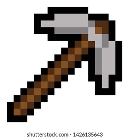 vector drawing tool. The tool of the gnome. Pixel graphics, drawing in the form of icons in brown. There is a handle. Tool with sharp edges. Symbol of the character in the game, logo.