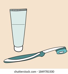 Vector drawing toothpaste, toothbrush in flat design. Oral hygiene, teeth cleaning. Symbol, dentistry, dental care.