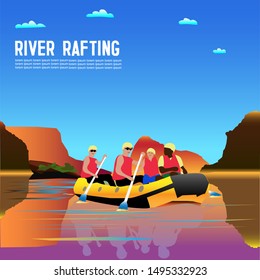 Vector drawing of tourists engaged in rafting. Tourists rafting on the river in a boat