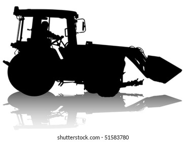 Vector Drawing Of A Tractor For Construction Work. Silhouette On White Background