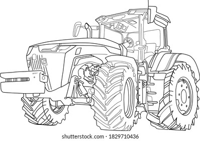 Vector drawing of the tractor. The drawing is inspired by a real machine. All lines in the drawing can be edited. The background is blank.