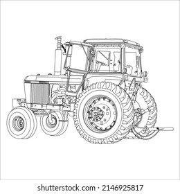 Vector drawing of the tractor. The drawing is inspired by a real machine. All lines in the drawing can be edited. The background is blank.