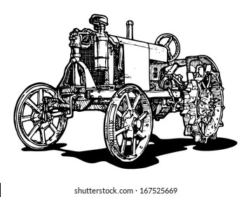 Vector drawing of tractor stylized as engraving.