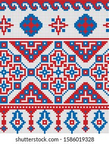 Vector drawing - traditional repeating Slavic mosaic pattern of red, blue and white colors.
