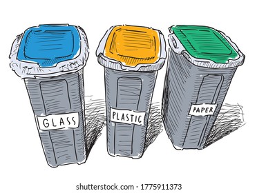 Vector drawing of trash cans with sorting on paper, plastic and glass