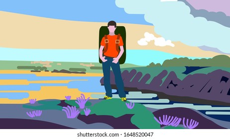 Dibujo vectorial de un viajero con una mochila en la orilla del río. Paisaje de verano
