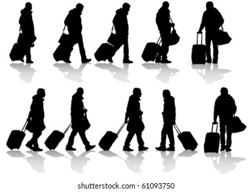 Vector drawing travelers with suitcases. Silhouettes on white background