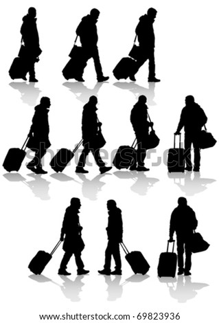 Vector drawing travelers with suitcases. Silhouettes on white background