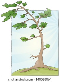 Vector drawing of a tree blowing in the wind/Tree blowing/ Easy to edit vector drawing, easy to edit layers, only gradients used in background, no meshes or blends used,