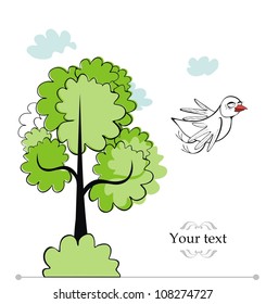 vector drawing of the tree, clouds and bird in funny style